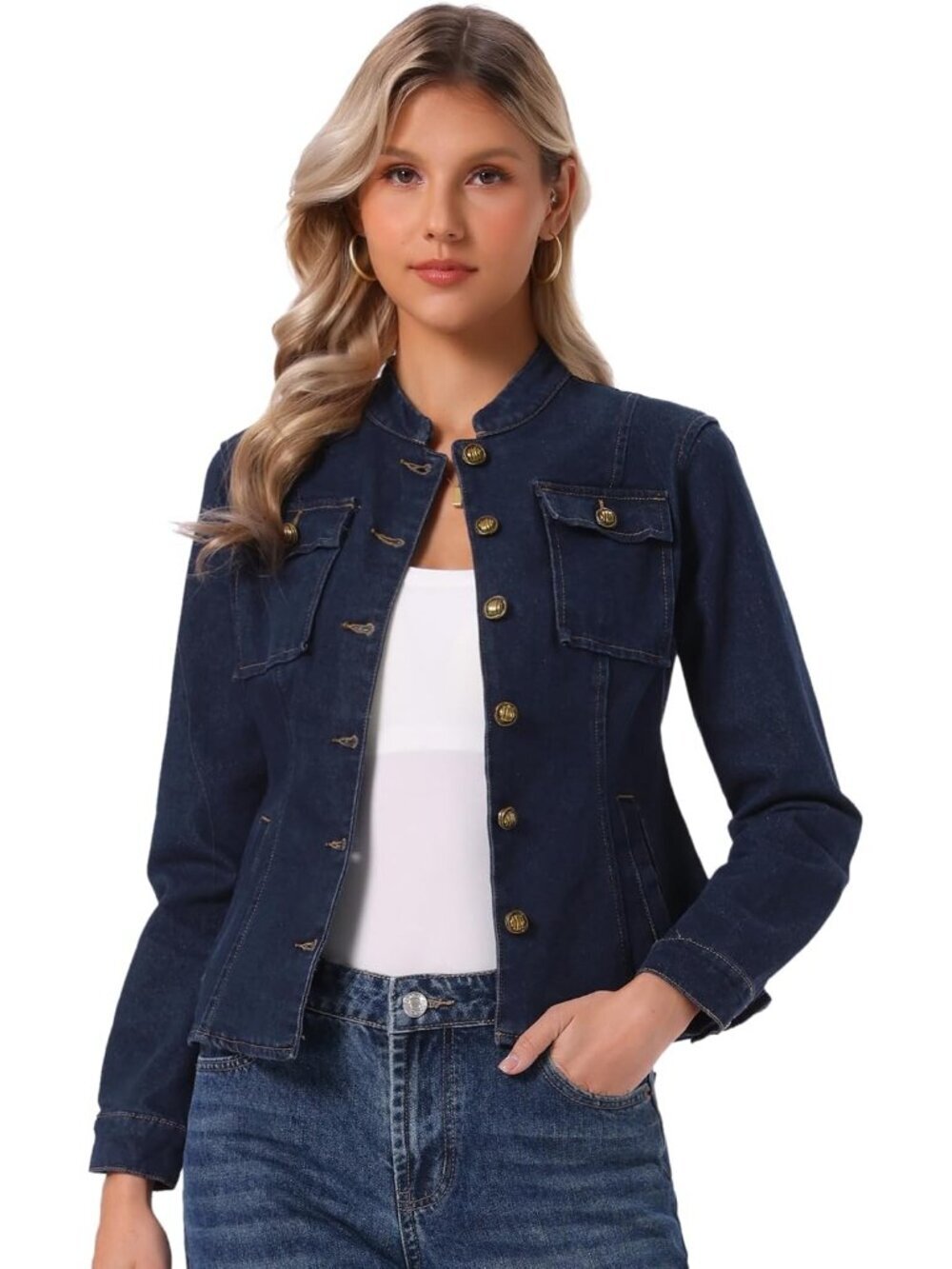 Women's Deep Blue Stand Collar Long Sleeve Denim Jackets Flap Chest Pockets